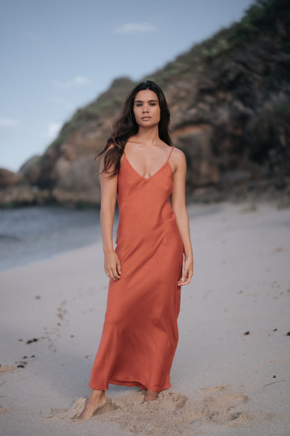 Sienna Sunrise Bamboo Satin Long Dress in Terracotta