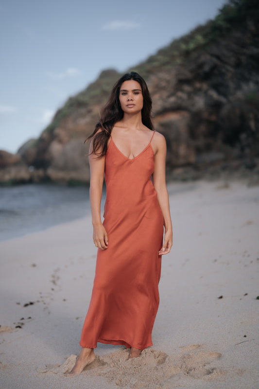 Sienna Sunrise Bamboo Satin Long Dress in Terracotta