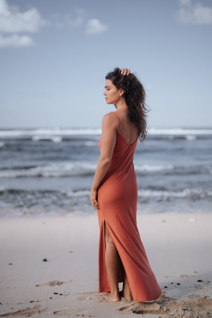 Sienna Sunrise Bamboo Satin Long Dress in Terracotta