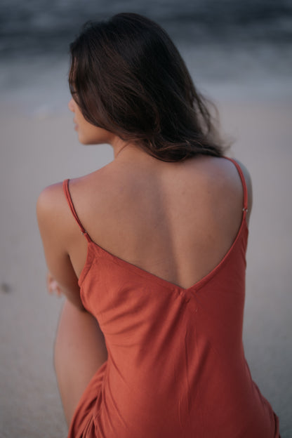 Sienna Sunrise Bamboo Satin Long Dress in Terracotta