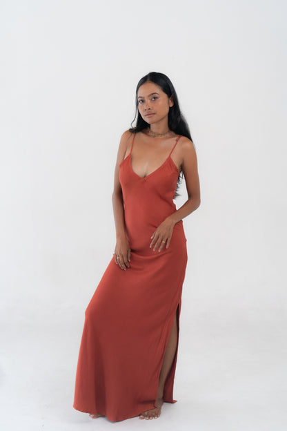 Sienna Sunrise Bamboo Satin Long Dress in Terracotta