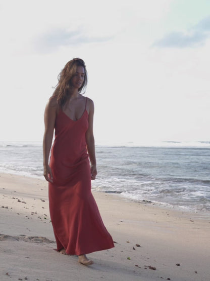 Sienna Sunrise Bamboo Satin Long Dress in Terracotta